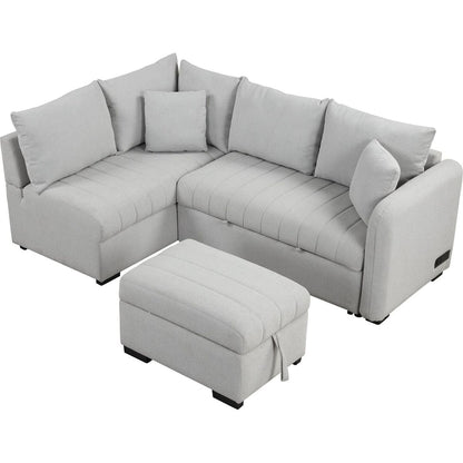 82.6" L-shaped Sectional Pull Out Sofa Bed Sleeper Sofa with Two USB Ports, Two Power Sockets and a Movable Storage Ottoman, Gray