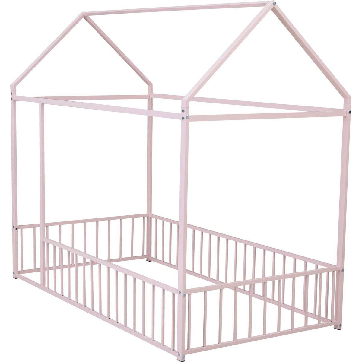 Twin Size Metal Bed House Bed Frame with Fence, for Kids, Teens, Girls, Boys, Pink - Streamdale Furniture