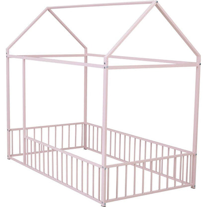 Twin Size Metal Bed House Bed Frame with Fence, for Kids, Teens, Girls, Boys, Pink - Streamdale Furniture