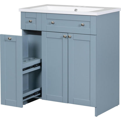 Modern 30-Inch Bathroom Vanity Cabinet with Easy-to-Clean Resin Integrated Sink in Blue