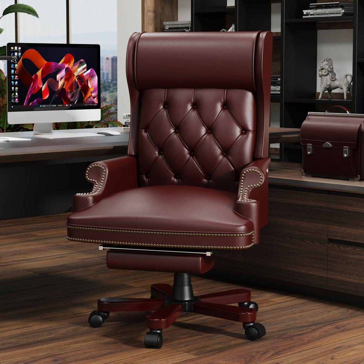 330LBS Executive Office Chair with Footstool, Ergonomic Design High Back Reclining Comfortable Desk Chair - Burgundy