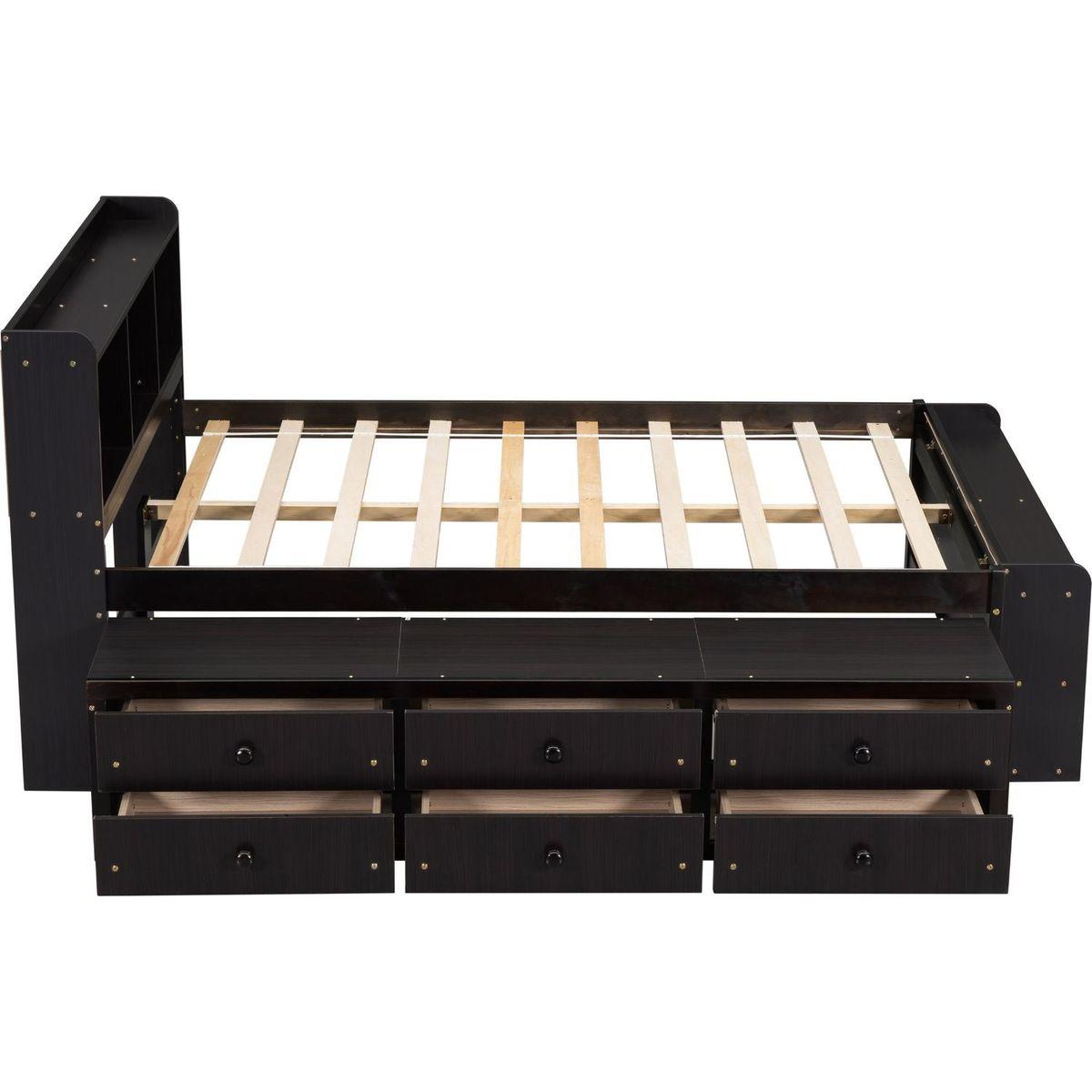 Full Bed with Bookcase Headboard, Under bed Storage Drawers and Bed End Storage Case,Espresso