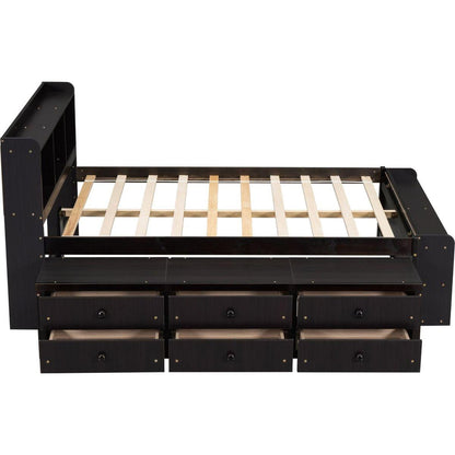 Full Bed with Bookcase Headboard, Under bed Storage Drawers and Bed End Storage Case,Espresso