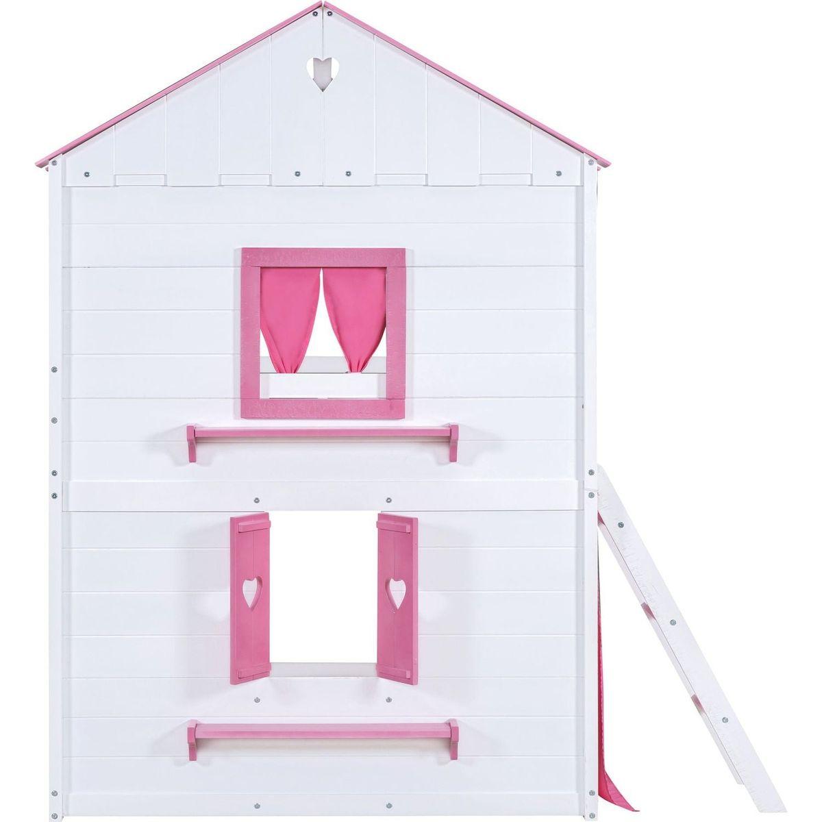 Full Size Bunk Wood House Bed with Elegant Windows, Sills and Tent, Pink+White