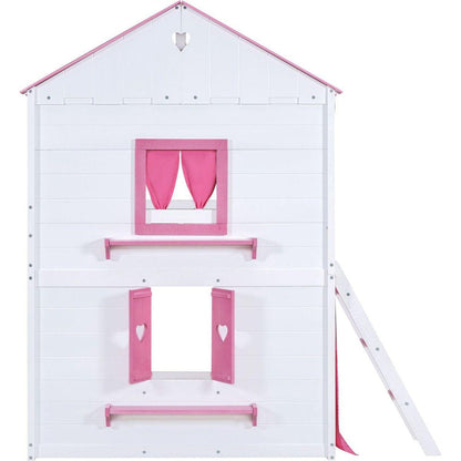 Full Size Bunk Wood House Bed with Elegant Windows, Sills and Tent, Pink+White