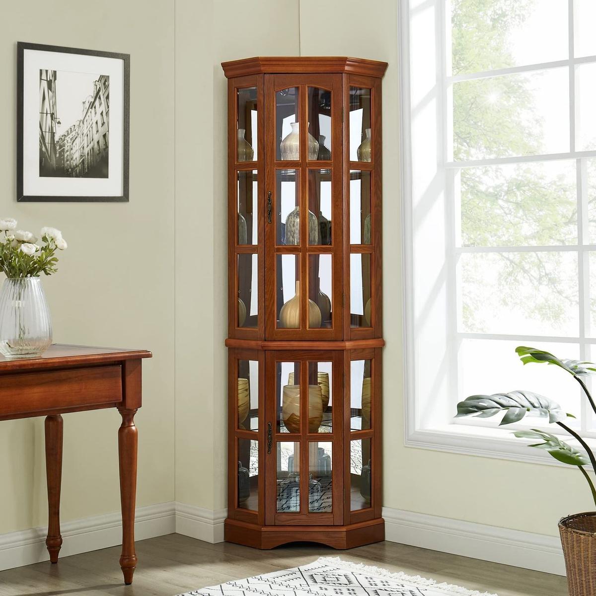 Corner Curio Cabinet with 5 Shelves and Lighting System, Oak