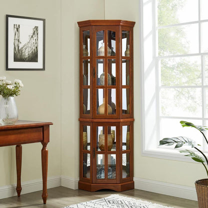 Corner Curio Cabinet with 5 Shelves and Lighting System, Oak