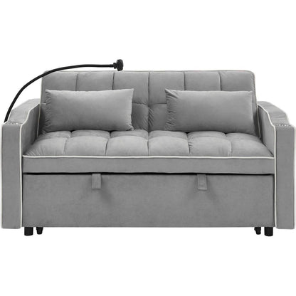 55.51 inch versatile foldable sofa bed in 3 lengths, modern sofa sofa sofa velvet pull-out bed, adjustable back and with USB port and ashtray and swivel phone stand (Grey)