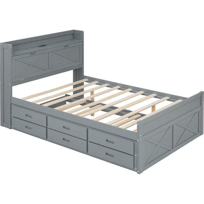 Full Size Wooden Bed with Storage Headboard with Outlets, Extendable Bed with Twin Size Trundle with Three Storage Drawers,Gray