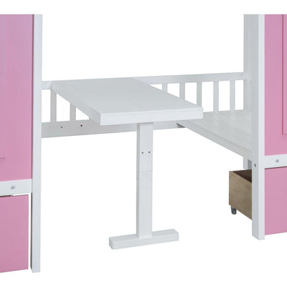 Twin-Over-Twin Bunk Bed with Changeable Table, Bunk Bed Turn into Upper Bed and Down Desk -Pink