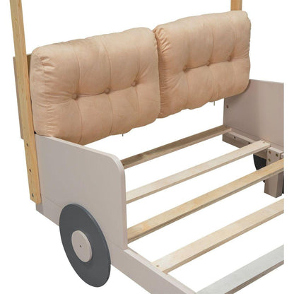 Wood Twin Size Car Bed with Pillow, Ceiling Cloth and LED, Natural