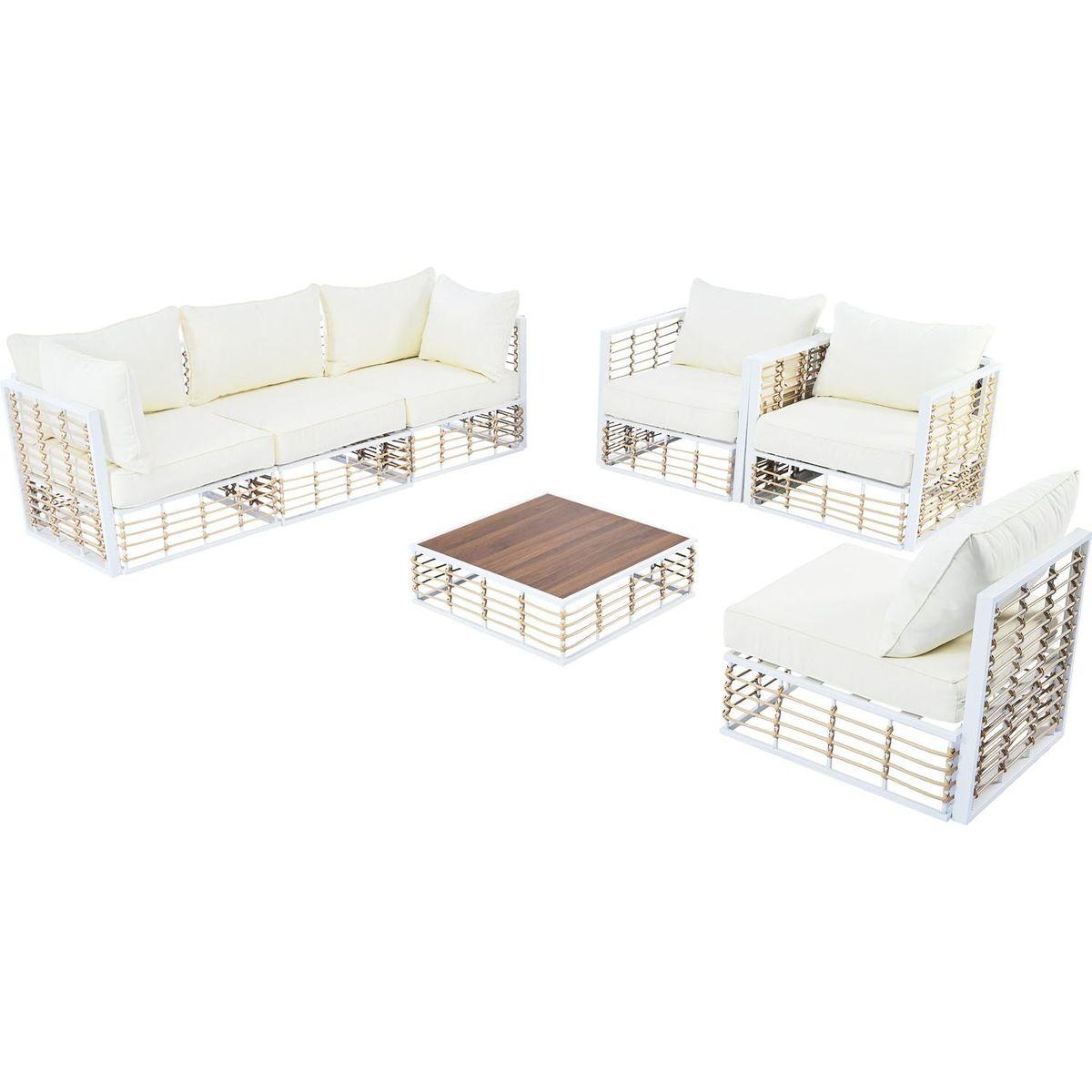 Modern Minimalist 7-Piece Metal Patio Sectional Sofa Set, All-Weather Garden Conversational Furniture Set with Thick Cushions and Coffee Table for Indoor Outdoor, White