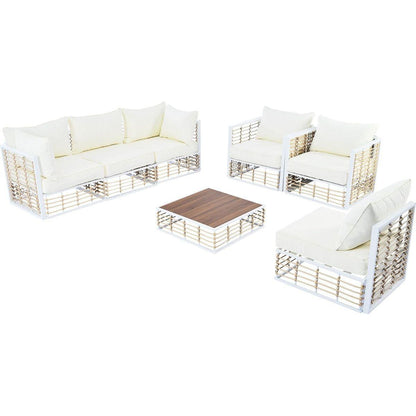 Modern Minimalist 7-Piece Metal Patio Sectional Sofa Set, All-Weather Garden Conversational Furniture Set with Thick Cushions and Coffee Table for Indoor Outdoor, White
