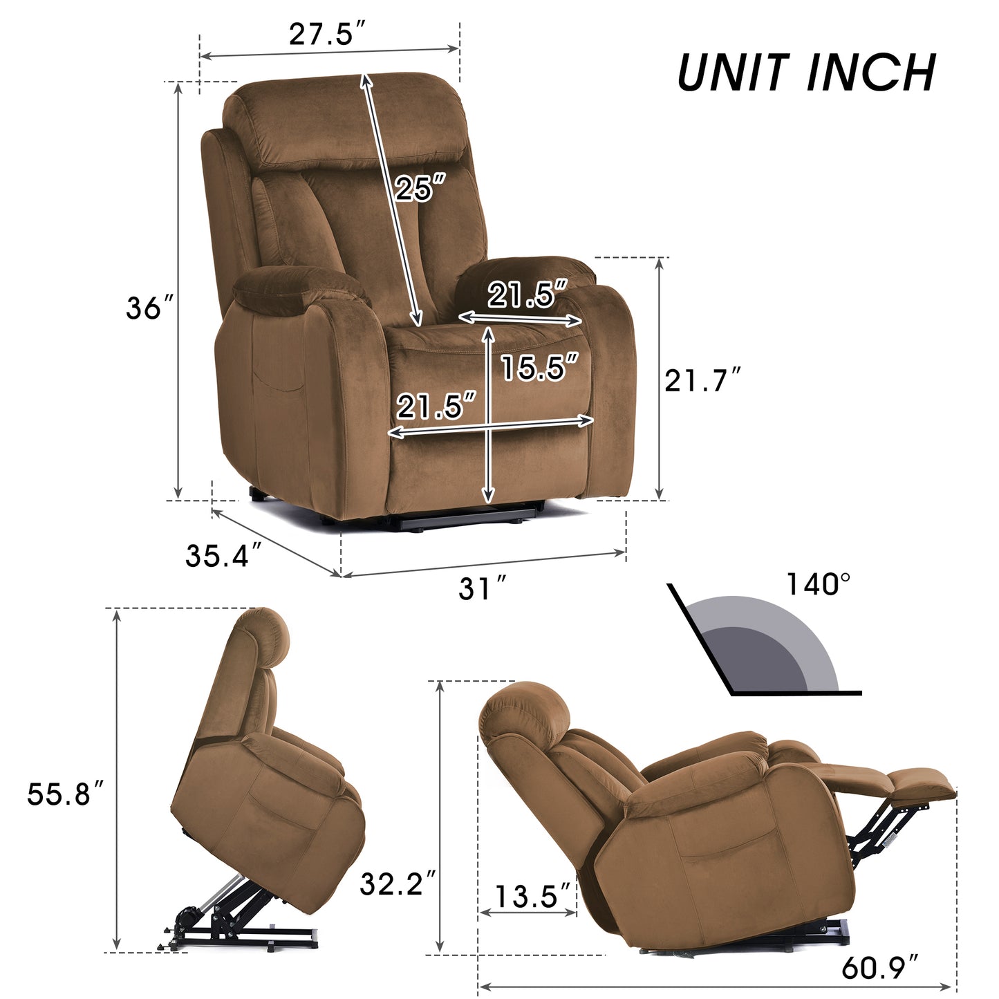 Lift Chair Recliner for Elderly Power Remote Control Recliner Sofa Relax Soft Chair Anti-skid Australia Cashmere Fabric Furniture Living Room(Brown)