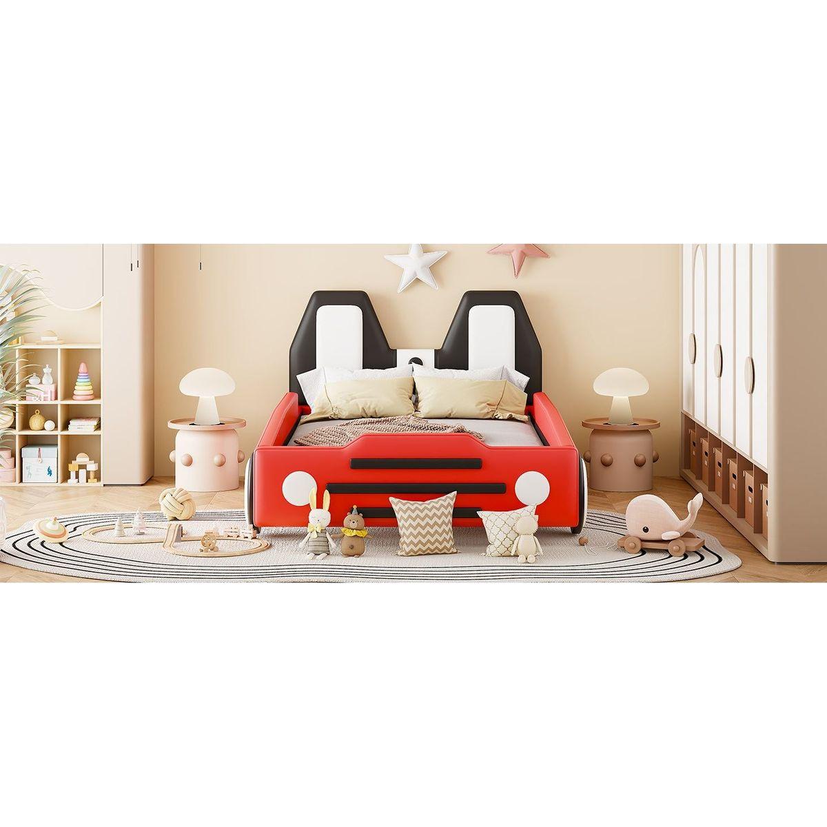 Twin Size Race Car-Shaped Platform Bed with Wheels,Red
