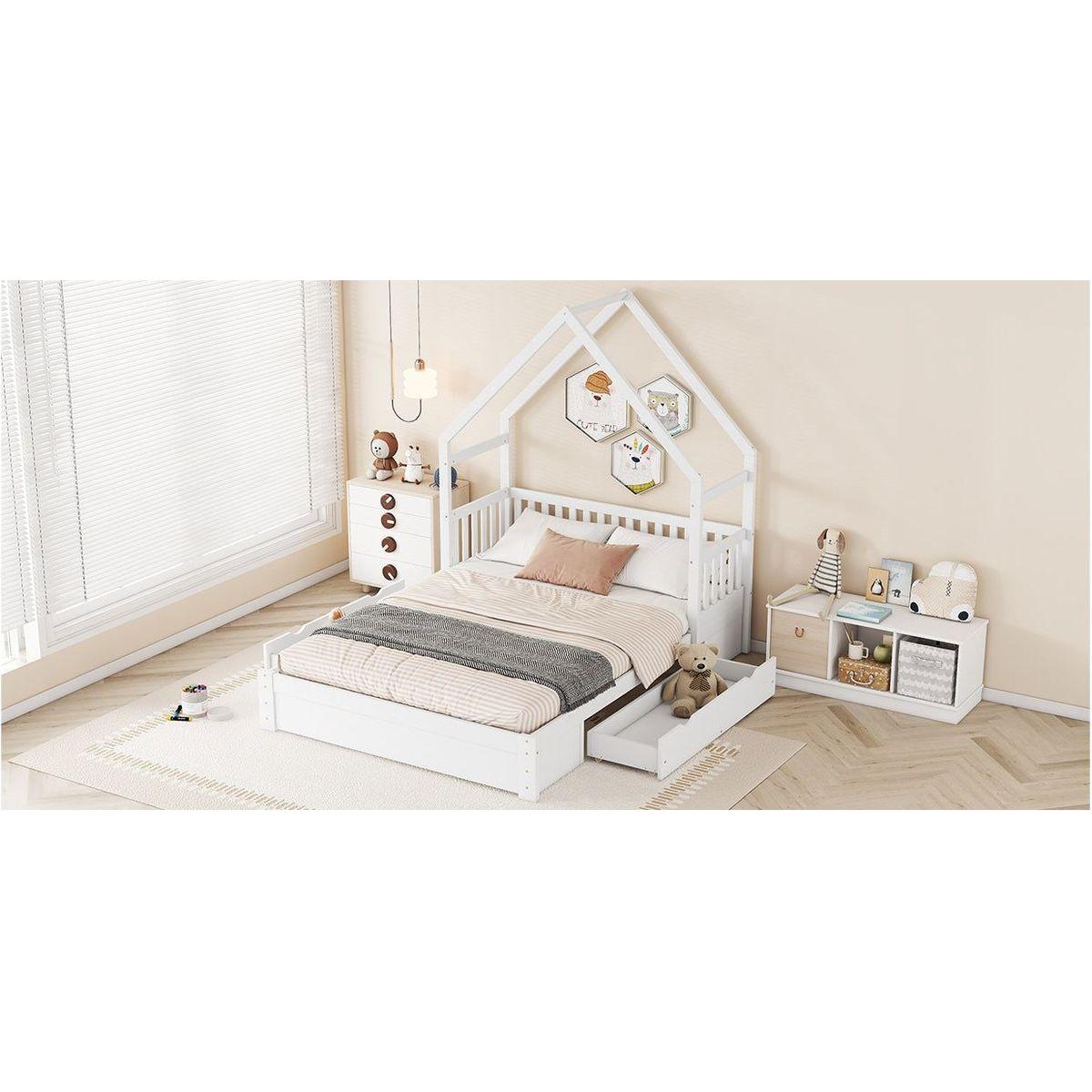 Wood Queen Size House Platform Bed with Guardrail and 2 Drawers, White