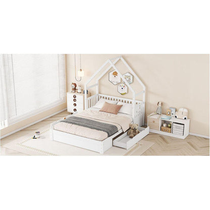 Wood Queen Size House Platform Bed with Guardrail and 2 Drawers, White