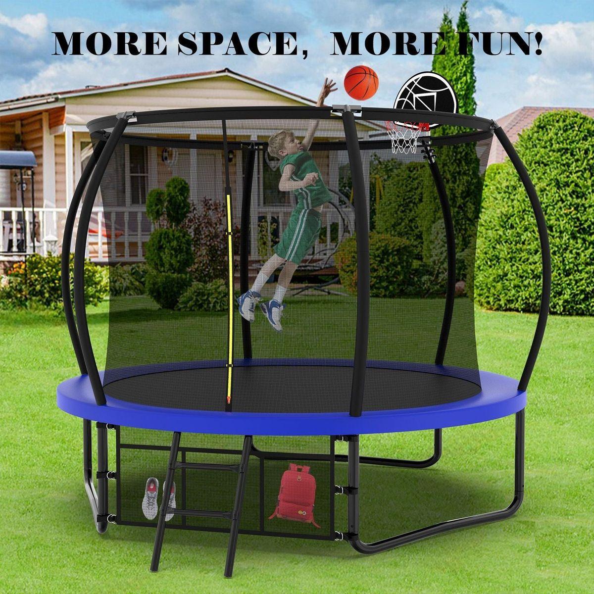 10FT Pumpkin Trampoline, Outdoor Trampoline with Basketball Hoop, Enclosure Net and Ladder