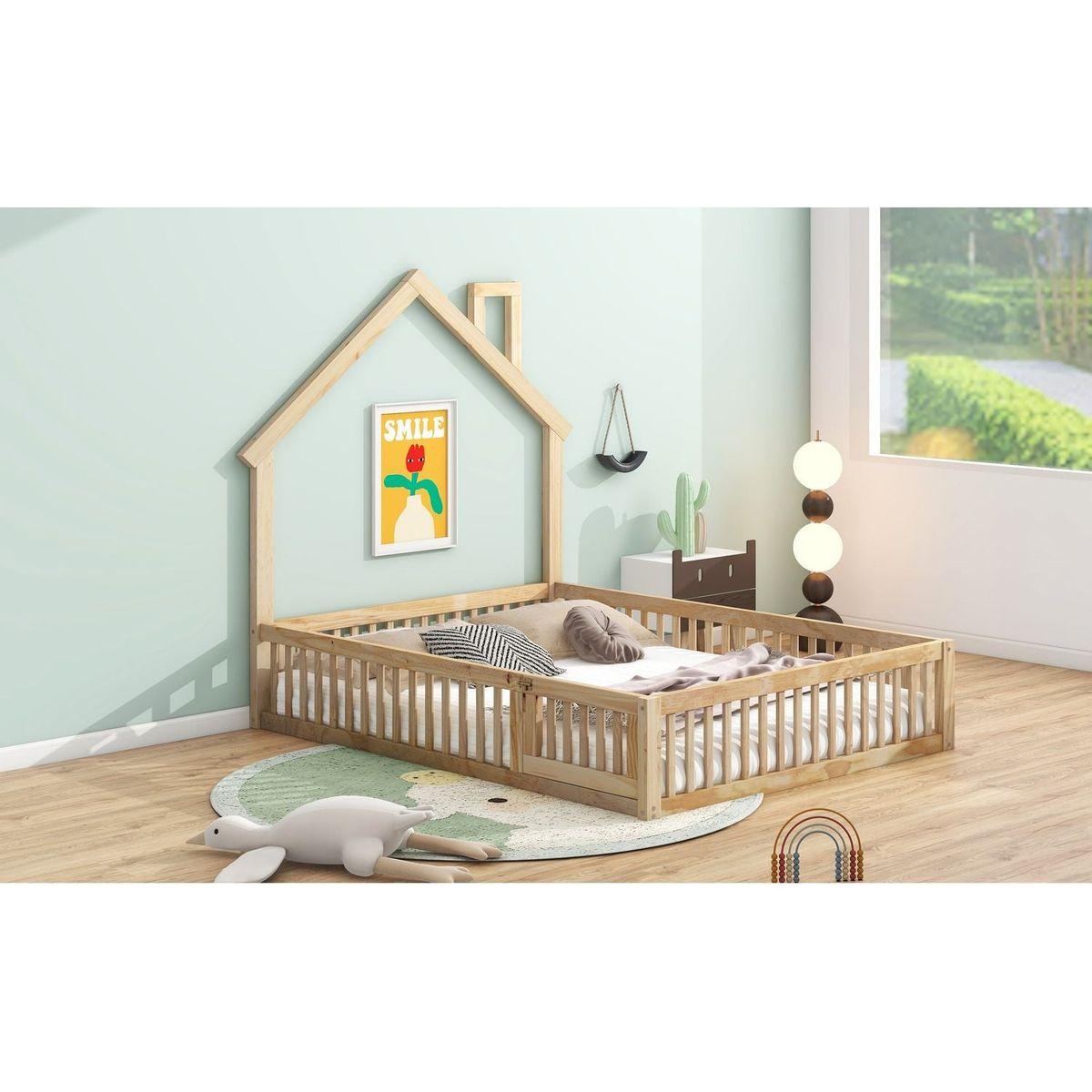 Wood Full Size House Platform Bed with Guardrail, Natural
