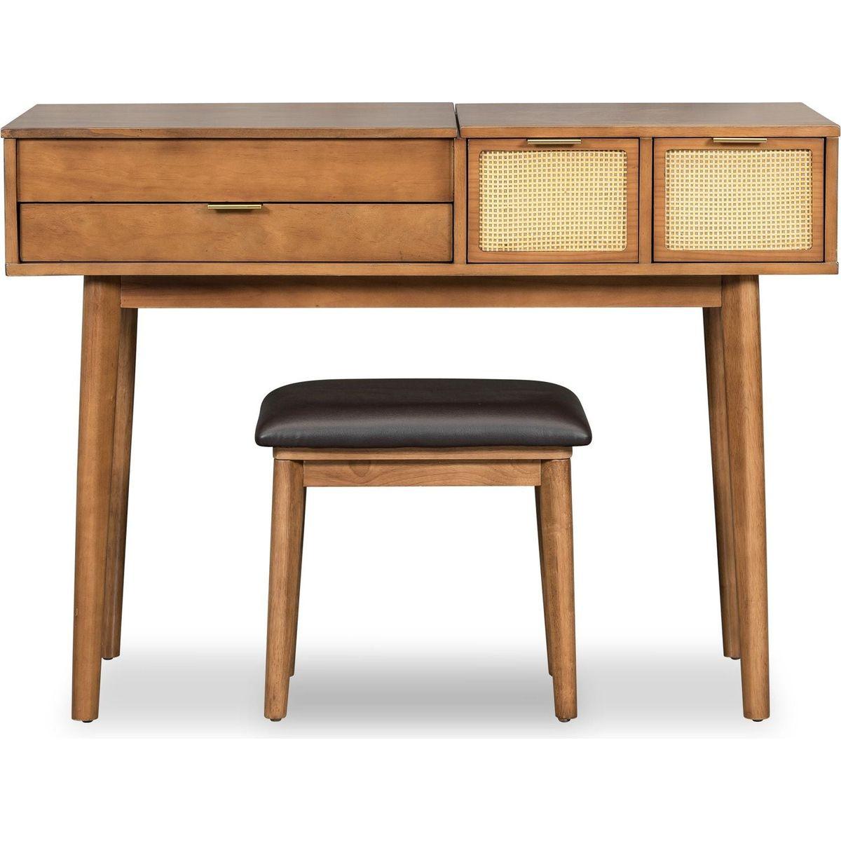 43.3" Classic Wood Makeup Vanity Set with Flip-top Mirror and Stool, Dressing Table with Three Drawers and storage space, Brown