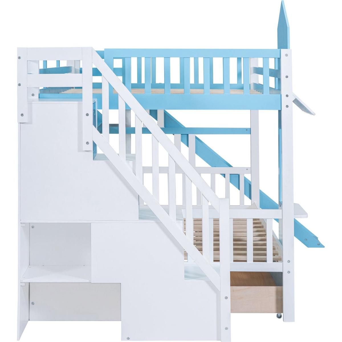 Full-Over-Full Castle Style Bunk Bed with 2 Drawers 3 Shelves and Slide - Blue