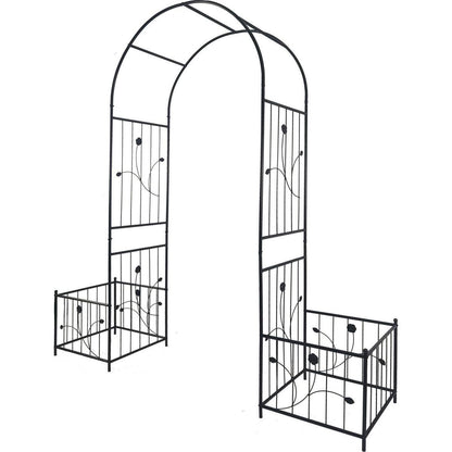 Metal Garden Arch with two plant stands 79.5" Wide x 86.6" High Climbing Plants Support Rose Arch Outdoor Black