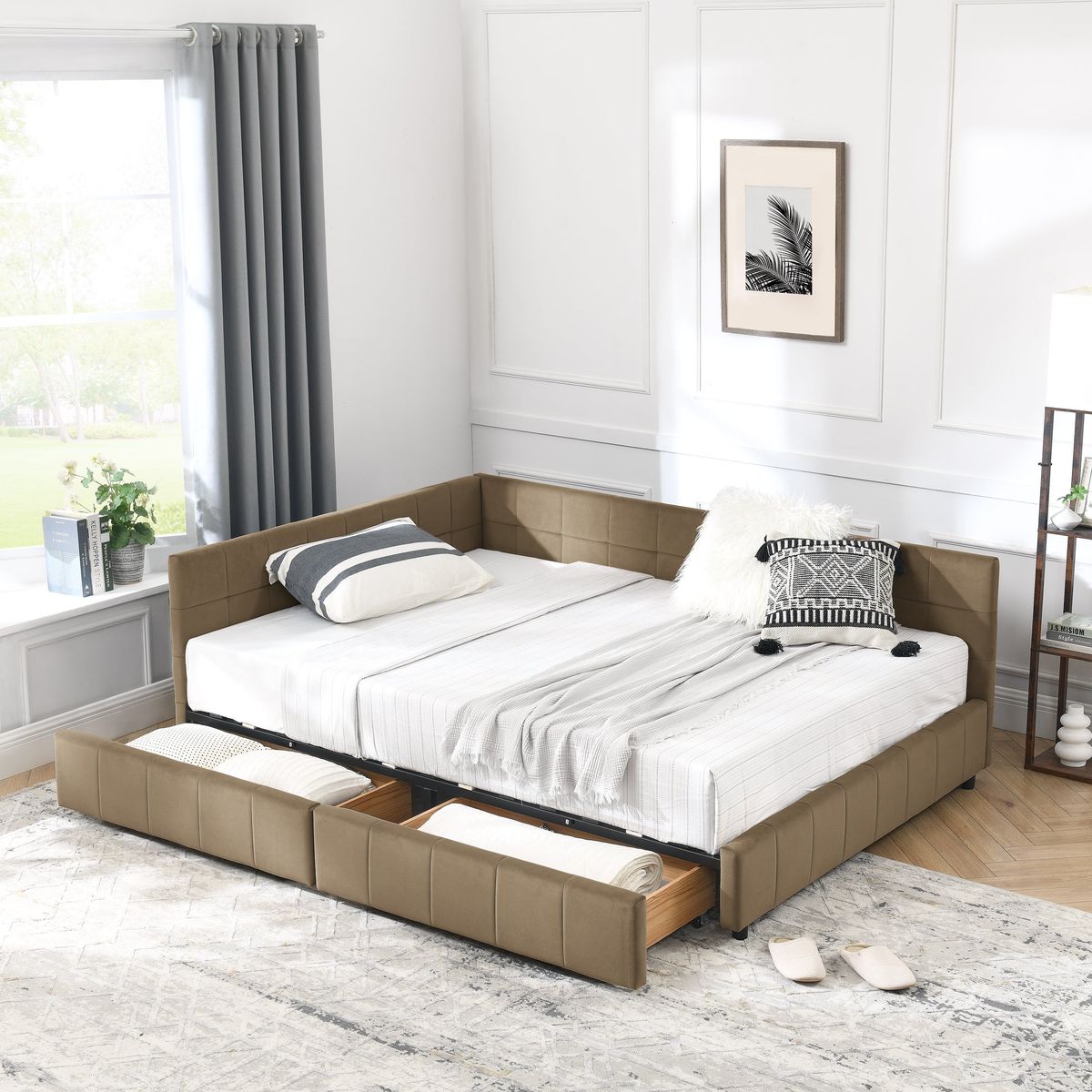 Full Size Storage Upholstered Tufted Bed Frame, Sofa Bed Frame with Comfortable Backrest and Armrests, Full Size Bed for Bedroom, Living Room,Velvet, BROWN(80.5''*59''*29.5'')