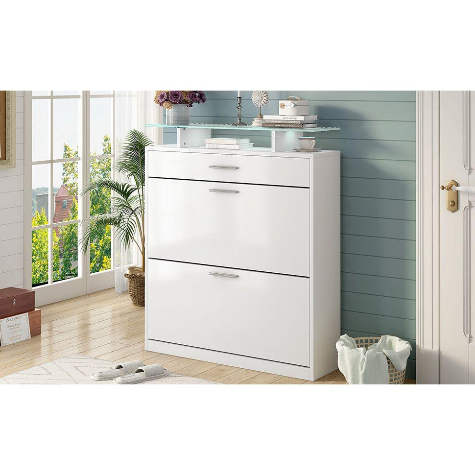 Slim Entryway Organizer with 2 Flip Drawers, Tempered Glass Top Shoe Storage Cabinet with Drawer, Free Standing Shoe Rack with LED Light for Hallway, White