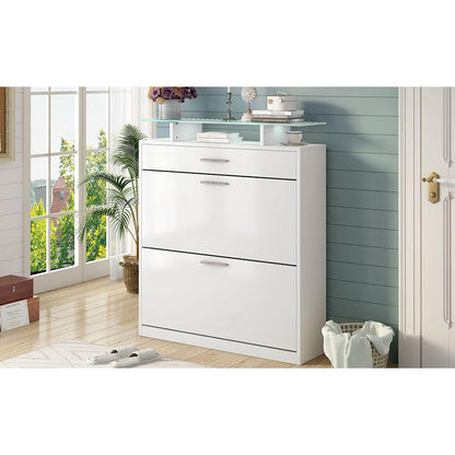 Slim Entryway Organizer with 2 Flip Drawers, Tempered Glass Top Shoe Storage Cabinet with Drawer, Free Standing Shoe Rack with LED Light for Hallway, White