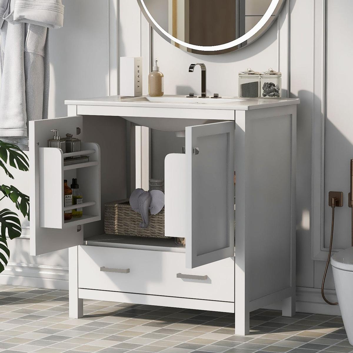 30" White Bathroom Vanity with Single Sink, Combo Cabinet Undermount Sink, Bathroom Storage Cabinet with 2 Doors and a Drawer, Soft Closing, Multifunctional Storage, Solid Wood Frame