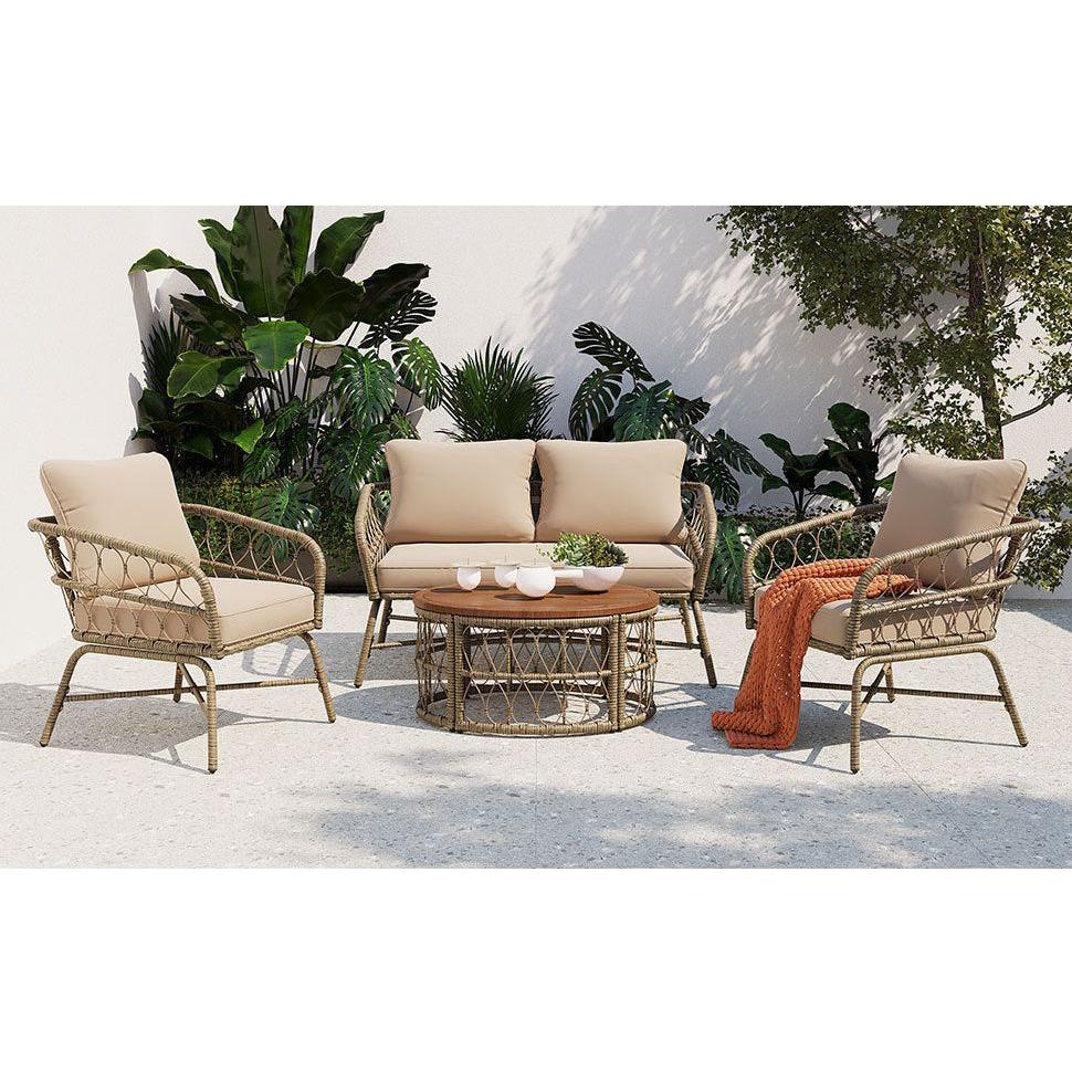 GO Bohemia-inspired 4-Person Outdoor Seating Group With Removable Cushions, Conversation Patio Set With Wood Tabletop, Beige