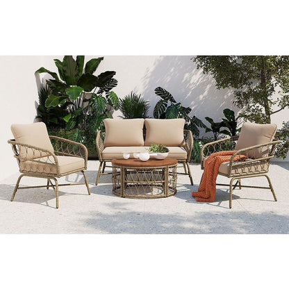 GO Bohemia-inspired 4-Person Outdoor Seating Group With Removable Cushions, Conversation Patio Set With Wood Tabletop, Beige