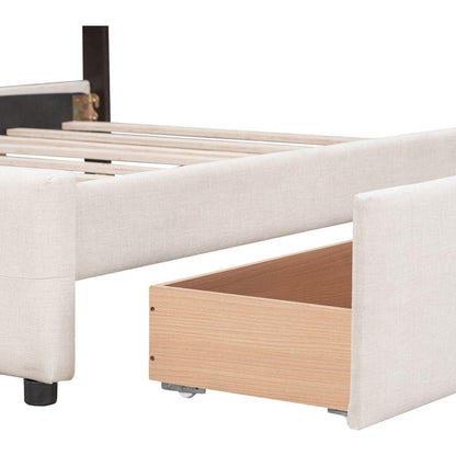 Upholstered Platform Bed with Classic Headboard and 4 Drawers, No Box Spring Needed, Linen Fabric, Queen Size Beige