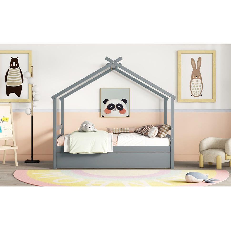 Twin Size House-shaped Bed with Trundle,Grey