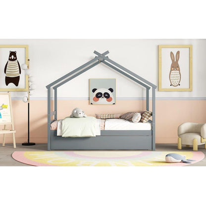 Twin Size House-shaped Bed with Trundle,Grey