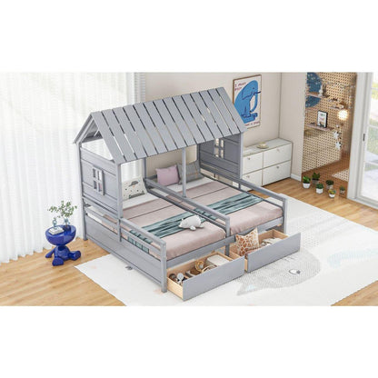 Twin Size House Platform Beds with Two Drawers for Boy and Girl Shared Beds, Combination of 2 Side by Side Twin Size Beds, Gray