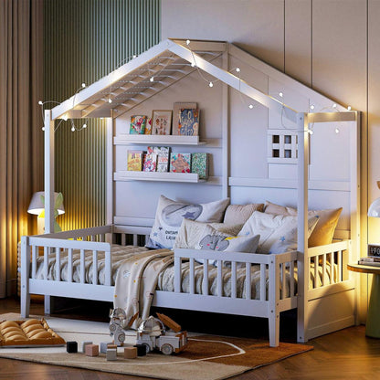 Twin Size House Bed with Shelves, House Bed with Window and Sparkling Light Strip on the Roof, White