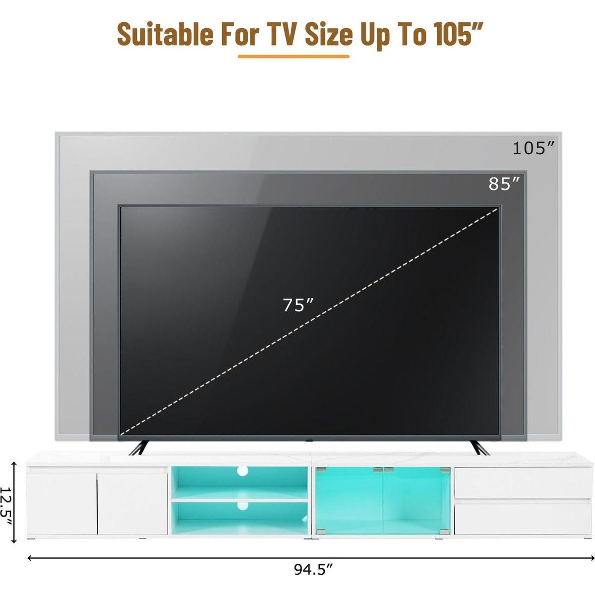 Modern APP Controlled LED TV Stand for TVs Up to 105", Faux Marble Tabletop Media Console with Tempered Glass Doors, Entertainment Center with 2 Drawers & Cabinets for Living Room, White