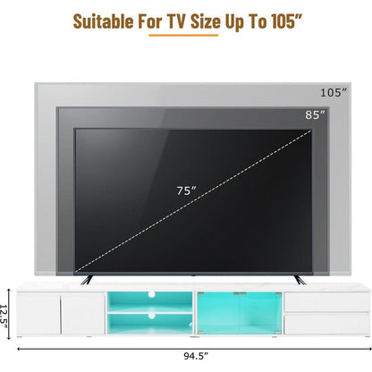 Modern APP Controlled LED TV Stand for TVs Up to 105", Faux Marble Tabletop Media Console with Tempered Glass Doors, Entertainment Center with 2 Drawers & Cabinets for Living Room, White