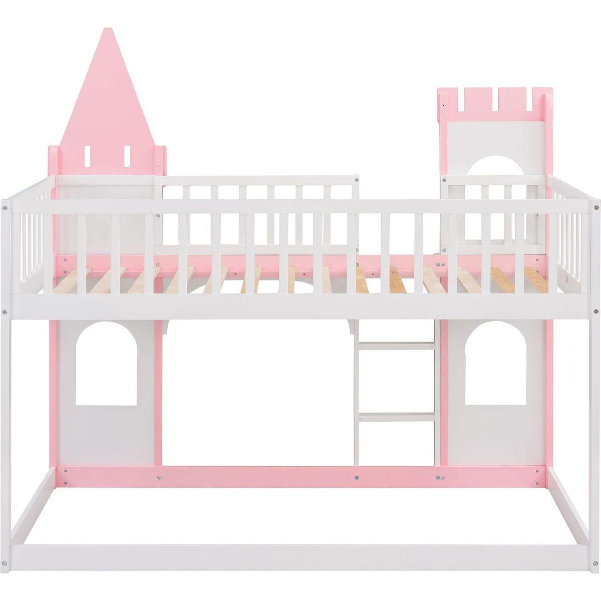 Twin Over Twin Castle Bunk Bed with Ladder - Pink
