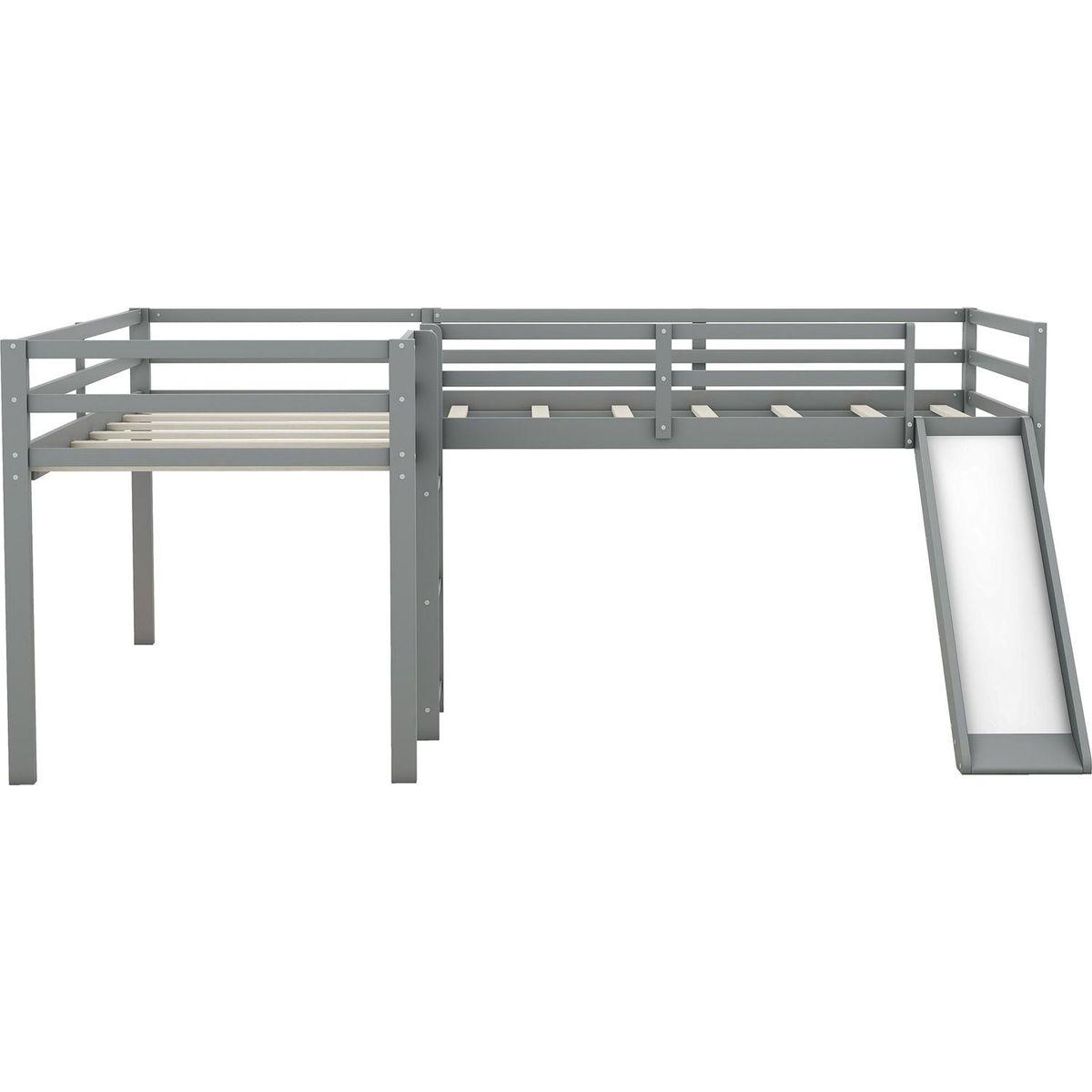 L-Shaped Twin Size Loft Bed with Ladder and Slide, Gray