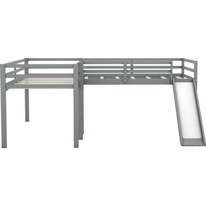 L-Shaped Twin Size Loft Bed with Ladder and Slide, Gray