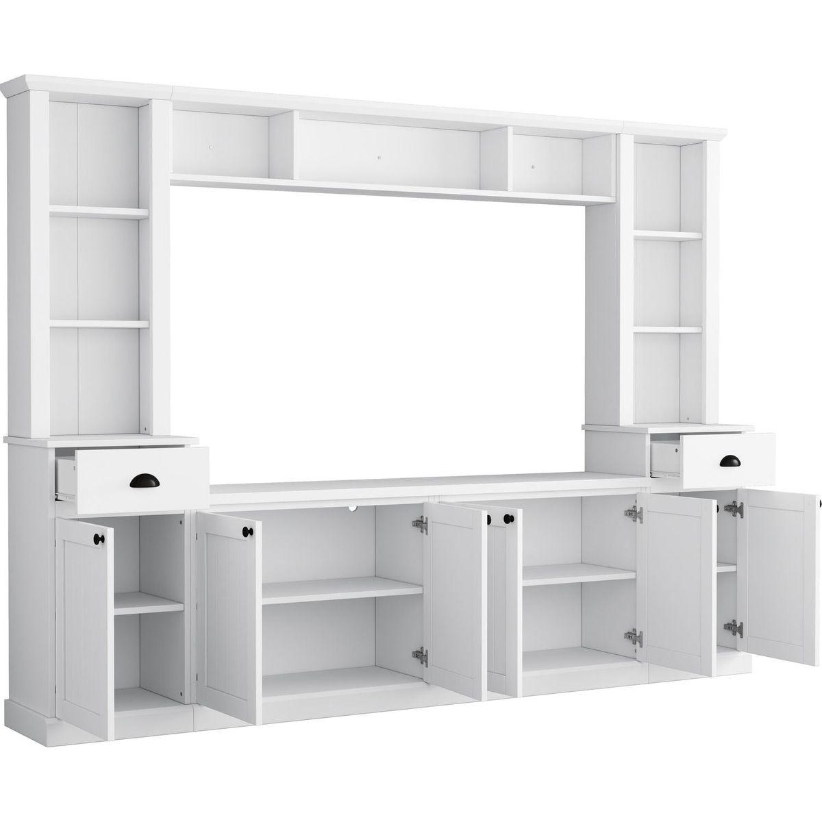 Minimalist Entertainment Wall Unit Set with Bridge for TVs Up to 75", Ample Storage Space TV Stand with Adjustable Shelves, Modernist Large Media Console for Living Room, White
