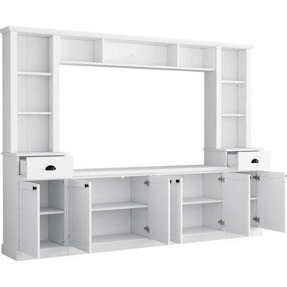 Minimalist Entertainment Wall Unit Set with Bridge for TVs Up to 75", Ample Storage Space TV Stand with Adjustable Shelves, Modernist Large Media Console for Living Room, White
