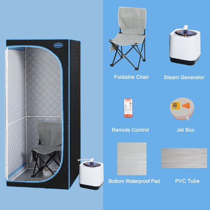 Full Size Portable Black Steam Sauna tent"ersonal Home Spa, with Steam Generator, Remote Control, Foldable Chair, Timer and PVC Pipe Connector Easy to Install.Fast heating, with FCC Certification