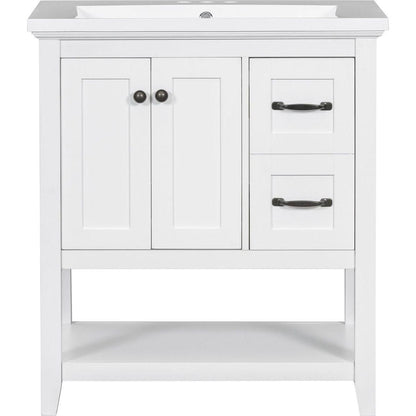 30" Bathroom Vanity with Ceramic Sink Top, Vanity Cabinet with Multi-Functional Drawer, Solid Wood Legs, White