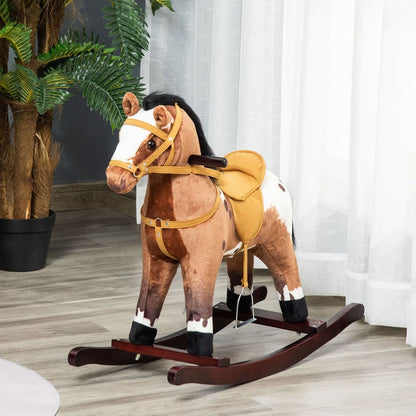 Qaba Kids Metal Plush Ride-On Rocking Horse Chair Toy With Realistic Sounds - Dark Brown/White