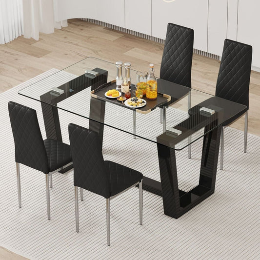 Table and chair set.A rectangular dining table features with tempered glass top and sleek black MDF stand.Paried with 4 PU chairs with checkered armless high back and electroplated metal legs.