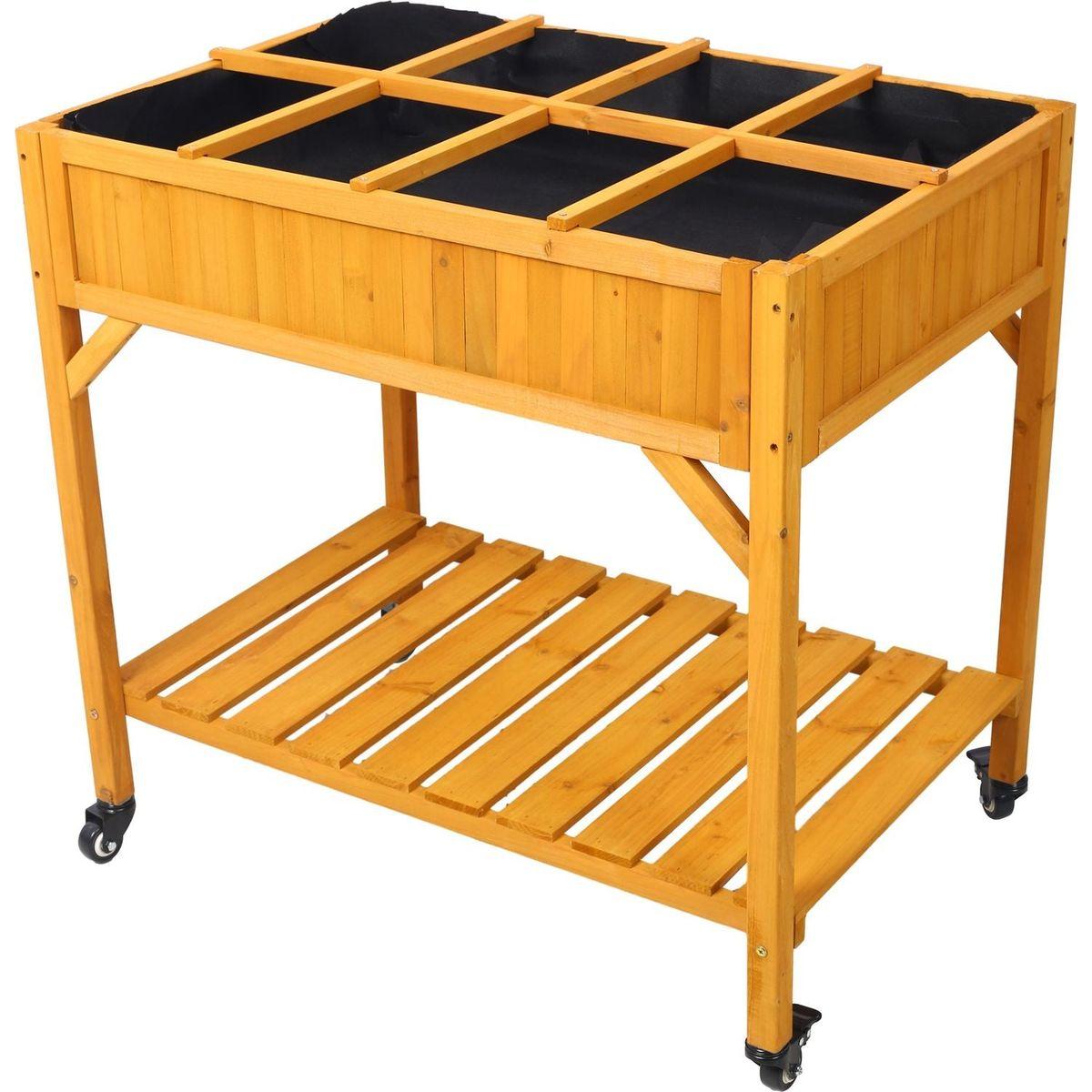 Elevated 8 Pocket Herb Garden Bed, Mobile Raised Customizable Wood Planter for Herbs, Vegetables, Flowers w/ Lockable Wheels, Storage Shelf, Drainage Holes