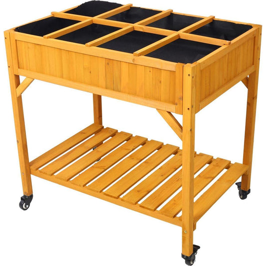 Elevated 8 Pocket Herb Garden Bed, Mobile Raised Customizable Wood Planter for Herbs, Vegetables, Flowers w/ Lockable Wheels, Storage Shelf, Drainage Holes